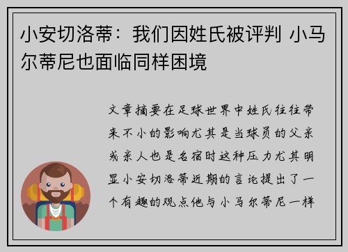小安切洛蒂:我们因姓氏被评判 小马尔蒂尼也面临同样困境 小安切洛蒂:我们因姓氏被评判 小马尔蒂尼也面临同样困境
