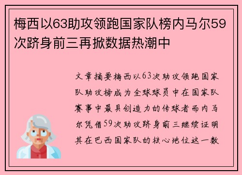 梅西以63助攻领跑国家队榜内马尔59次跻身前三再掀数据热潮中 梅西以63助攻领跑国家队榜内马尔59次跻身前三再掀数据热潮中